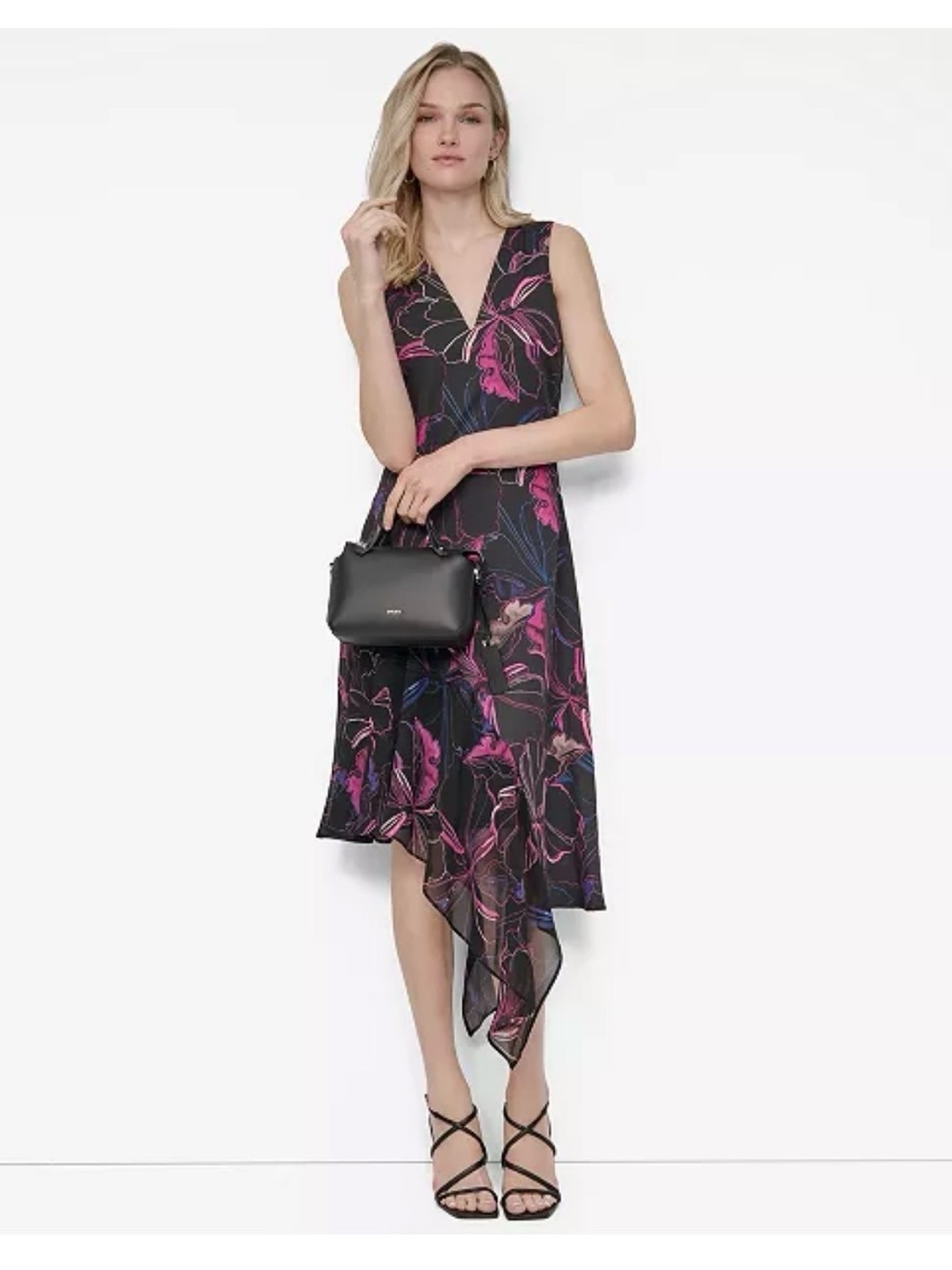 DKNY Sleeveless Black Floral V-Neck Asymmetric Hem Dress - Pink Floral Sz 4 nwt